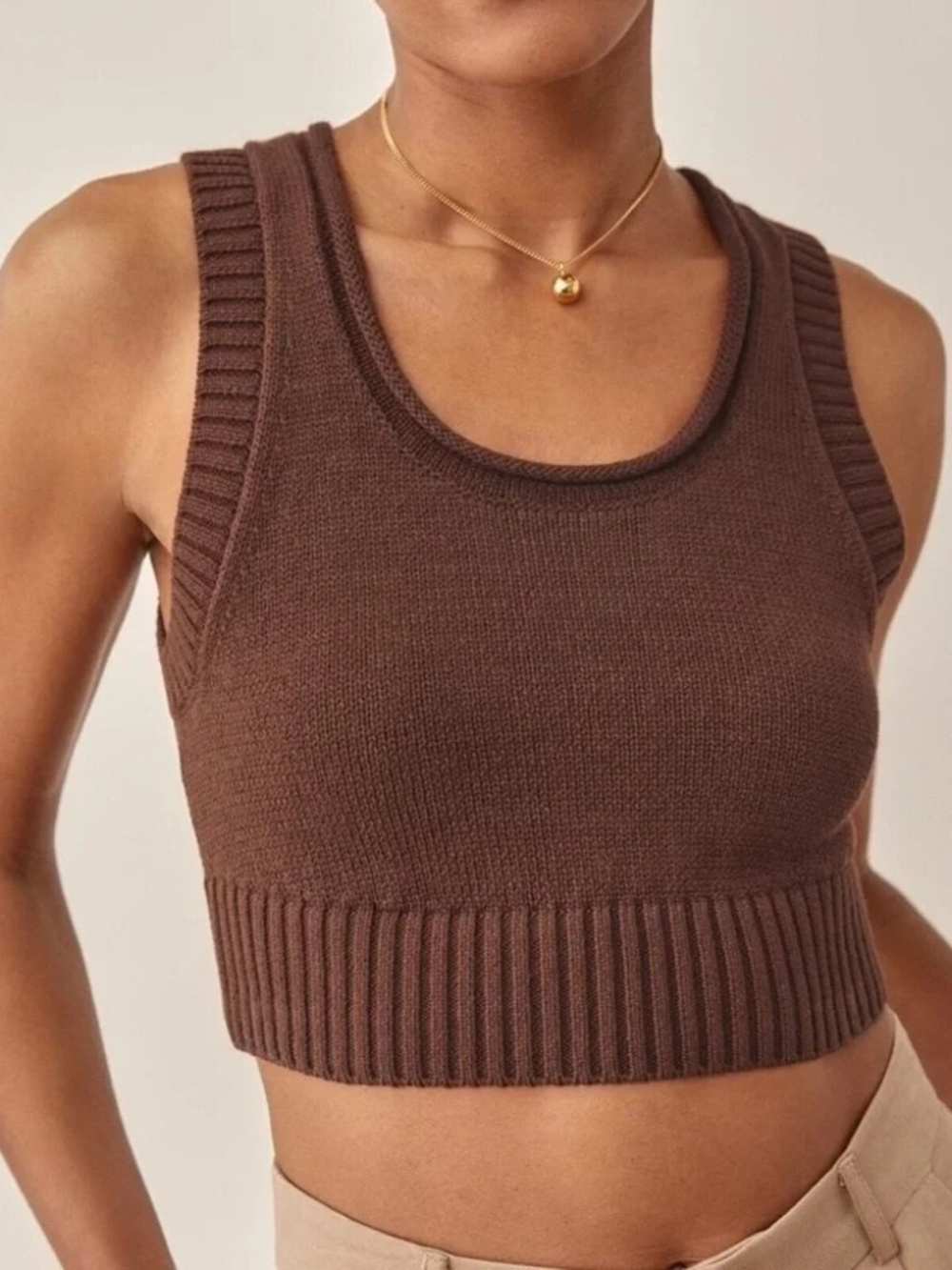 Reformation Norma Cropped Organic Cotton Sweater Tank in Chestnut Brown XS